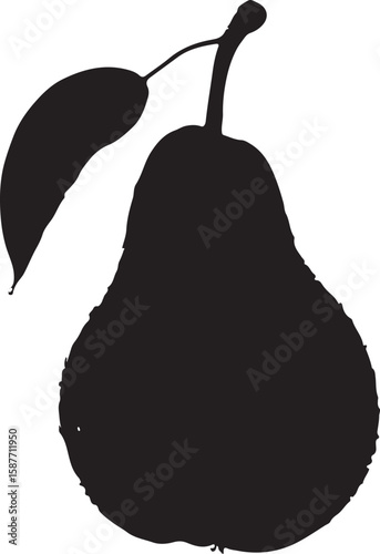 Black silhouette of a pear with a leaf fruit white