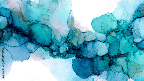 Watercolor abstract featuring blue and turquoise ink flows, marbled soft blending  background