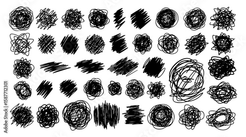 Abstract Ink Strokes Collection of Scribble Elements for Creative Design Projects or Digital Artwork, Hand Drawn Graphic Resources