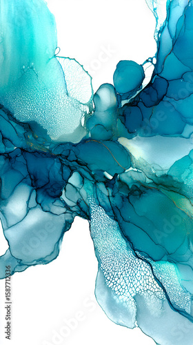 Watercolor abstract featuring blue and turquoise ink flows, marbled soft blending  background