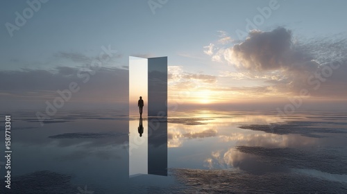A person stands before an open door at sunset, with reflections on the water, creating a serene and contemplative scene.