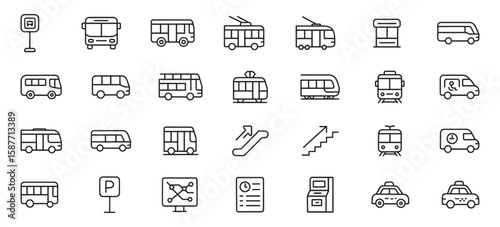 Line Icons of Public Service and Municipal Transport – Vector Set Featuring Buses, Trams, Trolleys, Transit Maps, Parking, Taxi, and Urban Mobility Symbols