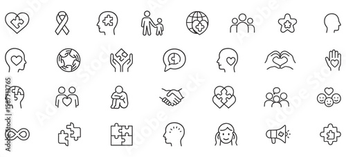 Line Icons for Autism Awareness & Neurodiversity Support – Puzzle, Heart, Inclusion & Mental Health Symbol Pack