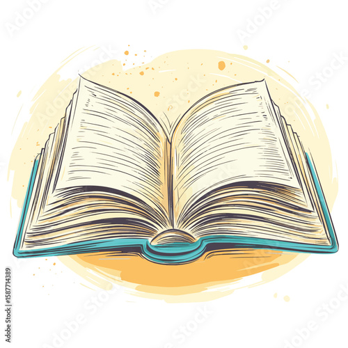 Open book one line art illustration, vector style simple color