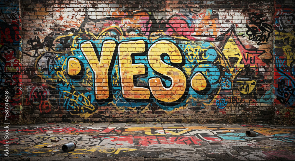 Fototapeta premium Colorful graffiti artwork with the word “YES” on a brick wall