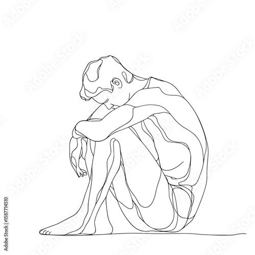 Continuous line drawings of man feeling sad, tired and worried about suffering from depression in mental health