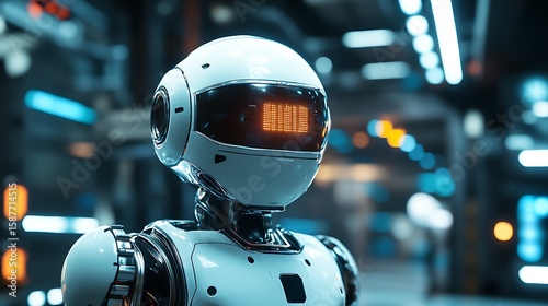 Futuristic android robot shows innovation in an industrial setting, demonstrating technology and artificial intelligence.