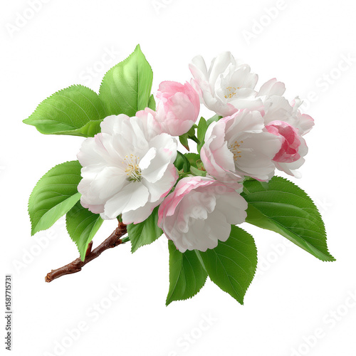 A beautiful arrangement of delicate pink and white flowers with lush green leaves on a white isolated background.