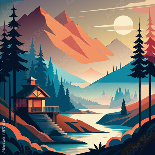 Peaceful mountain landscape with a serene cabin by a river. Colorful stylized illustration of a tranquil mountain scene with a Japanese style cabin nestled beside a river.