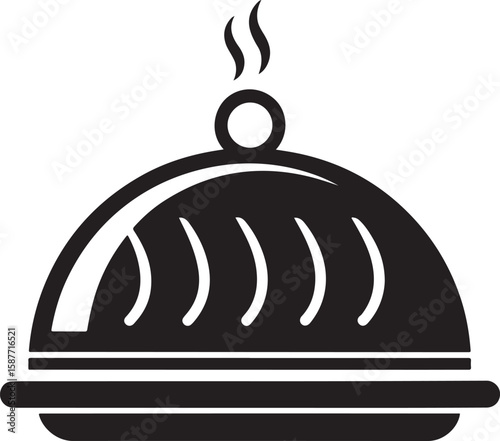 Black silhouette of a steaming food cloche kitchenware serving dish