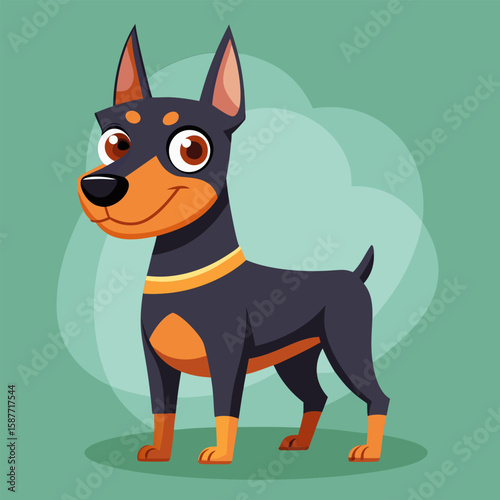 Cartoon Doberman pinscher with friendly expression in a simple. stylized illustration. Adorable canine character standing in a mint green background.