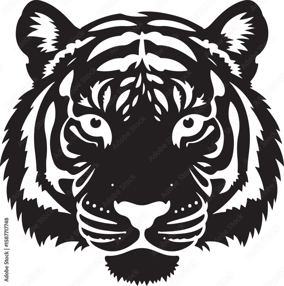 Fototapeta premium Black tiger head silhouette with white stripes and facial details