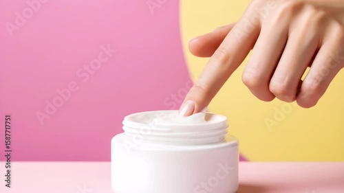 Finger Dipping into White Face Cream Jar with Pink Yellow Background