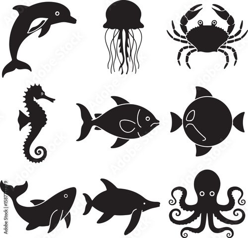 Black vector sea creatures collection animals dolphin
