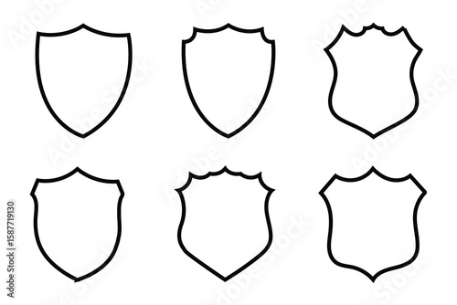 Collection of Six Shield Outlines A Variety of Heraldic Shapes in Black and White for Design and Creative Projects Vector