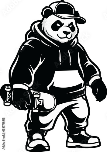 A cool panda in streetwear holds a skateboard, ready to ride.