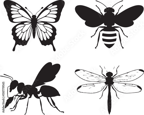 Butterfly bee ant dragonfly silhouettes insect