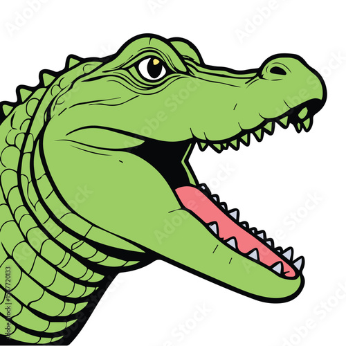 Cartoon crocodile head with a wide open mouth against a plain background. Aggressive, cartoonish style.