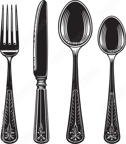 Fork knife spoon cutlery engraved black vector silverware