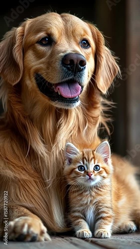 Golden retriever and playful kitten calmly resting together in a cozy indoor space