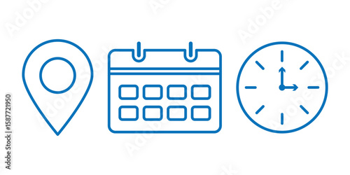 Address, date and time icon. Address location icon. Stopwatch timer icon. Date Calendar icon. Location place, date reminder. Vector illustration 
