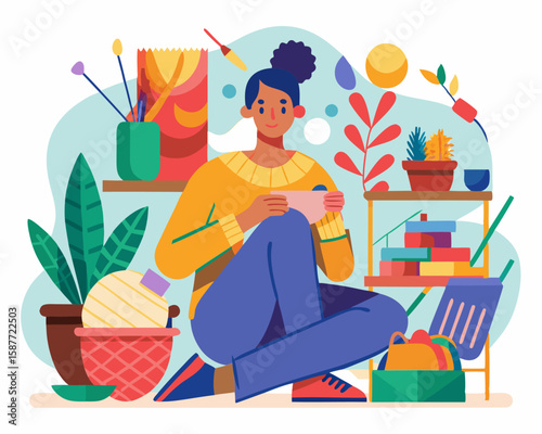 Young woman in a yellow sweater and blue pants. sitting on the floor surrounded by plants. snacks. and a cluttered shelf in a cozy home environment.