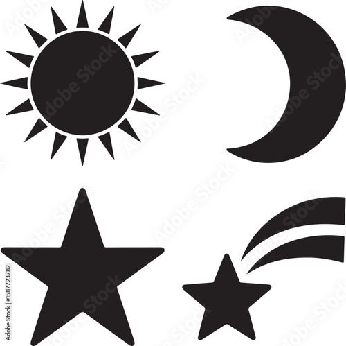 Celestial bodies and star icons moon shooting star