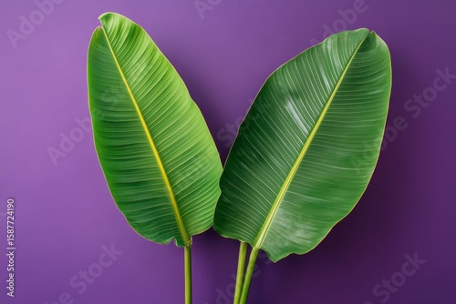 Two vibrant tropical leaves against a purple background.