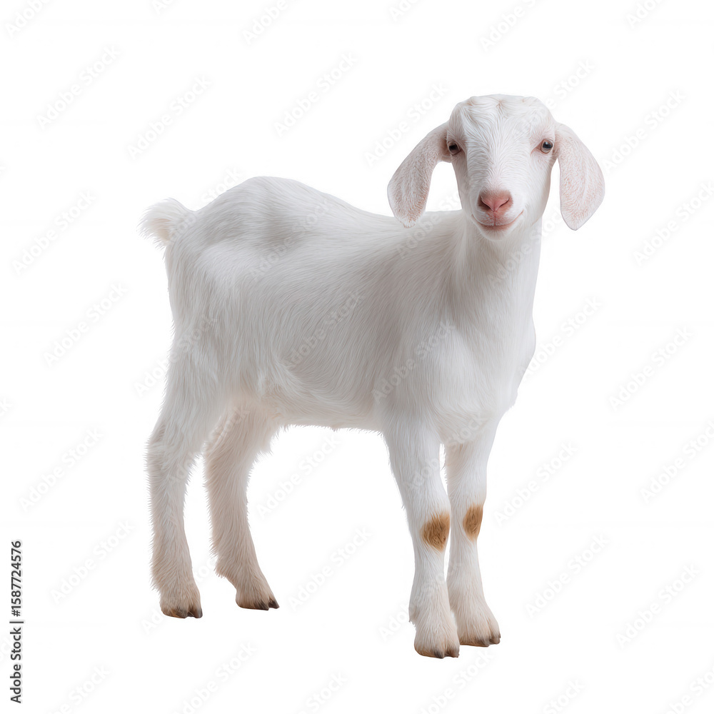 Fototapeta premium A cute and playful white goat standing on a white isolated background, showcasing its adorable features and expressive eyes, perfect for animal-themed projects.