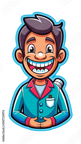 Cartoon depiction of a young person. likely a teenager. wearing a light teal colored coat or uniform. with a red collar.