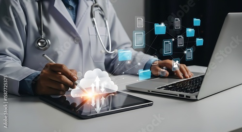 Doctor using cloud technology on tablet and laptop for medical data management