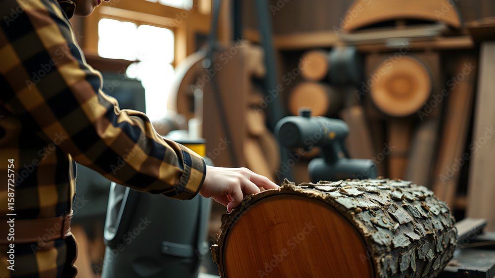 Fototapeta premium A person is touching a piece of wood in a workshop. The workshop is filled with various tools and materials, including a saw and a pile of wood. The person appears to be examining the wood closely