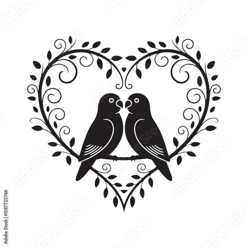 Two black lovebirds perched on a branch within a decorative heart shaped floral design