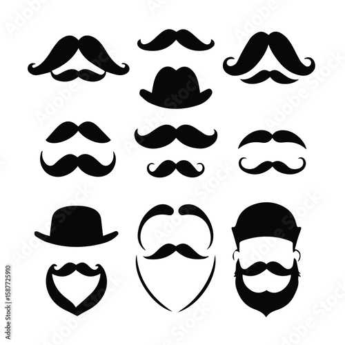 Collection of various mustache and beard shapes in a vintage style. Set of silhouettes for design elements on a white background.