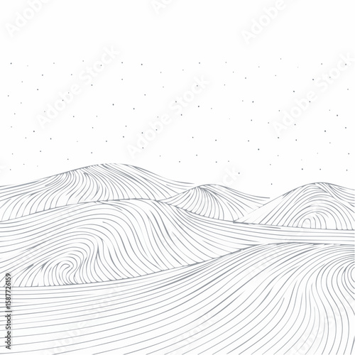 Shifting sand dunes under wind with carved ridges and airborne dust, rendered in stylized vector outline.