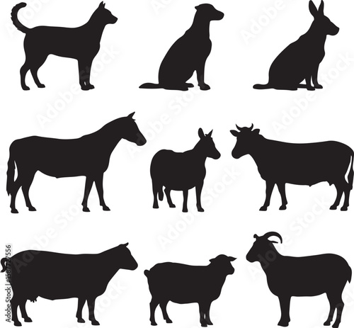 Diverse farm animal silhouettes horse donkey