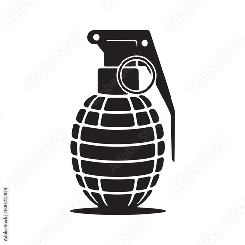 Black silhouette of a classic fragmentation hand grenade on a white background