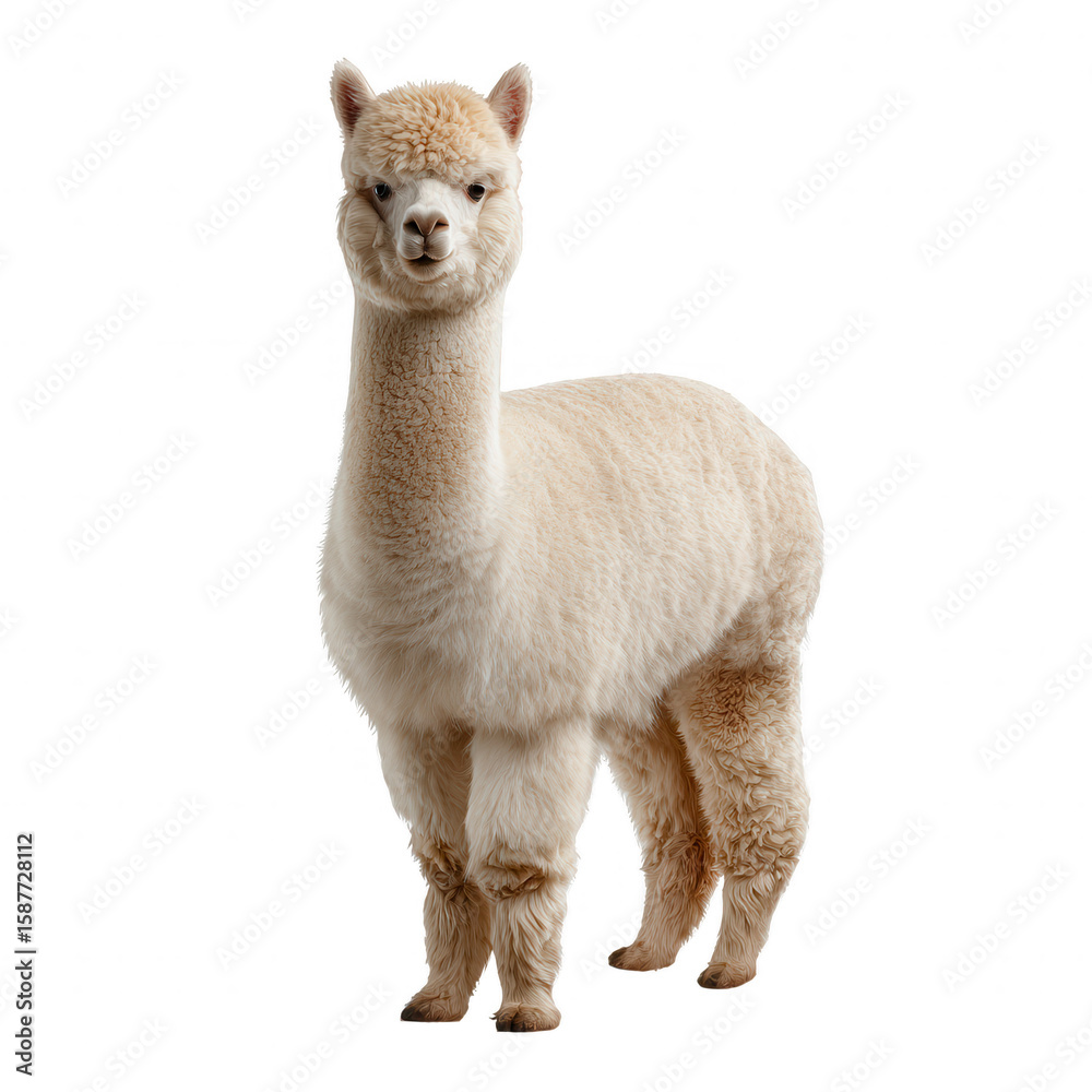 Obraz premium A fluffy white alpaca standing proudly against a white isolated background, showcasing its soft fur and gentle demeanor.