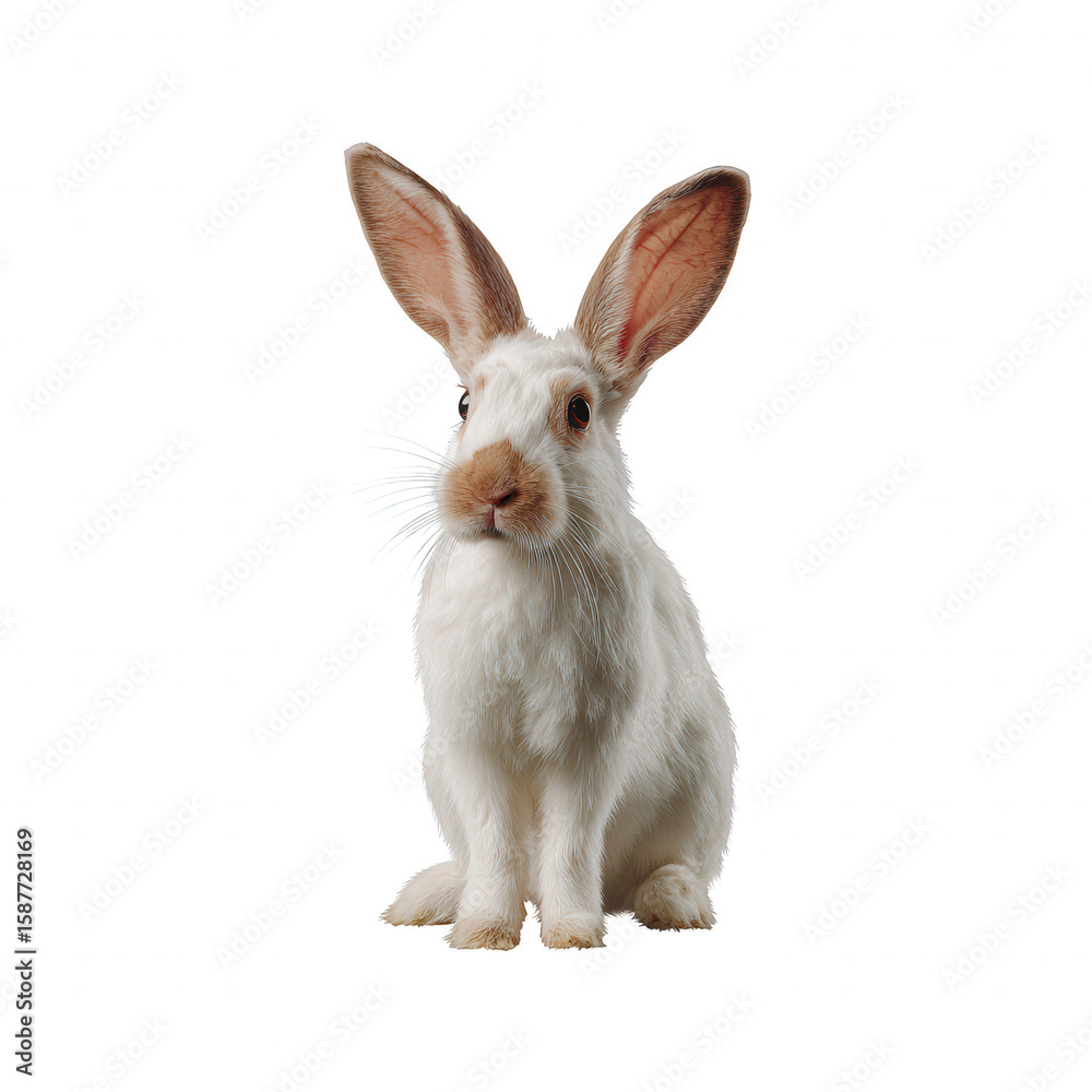 A fluffy white rabbit with large ears sits gracefully against a white isolated background, showcasing its soft fur and alert expression, perfect for animal-themed projects. A fluffy white rabbit with large ears sits gracefully against a white isolated background, showcasing its soft fur and alert expression, perfect for animal-themed projects.
