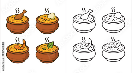 Vector Set of Biryani Varieties Served in Traditional Clay Pots 