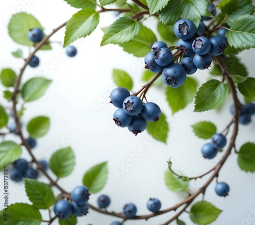  Blueberry vines with leaves curving around, hovering on minimal translucent white background.