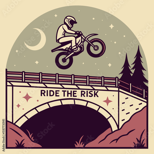 Retro Motocross Rider Soaring Over Bridge at Night: Vintage Style Graphic Illustration