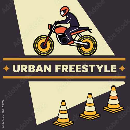 Retro Urban Motorcycle Freestyle Rider:  Bold Line Art,  Vintage Style, Energetic Mood