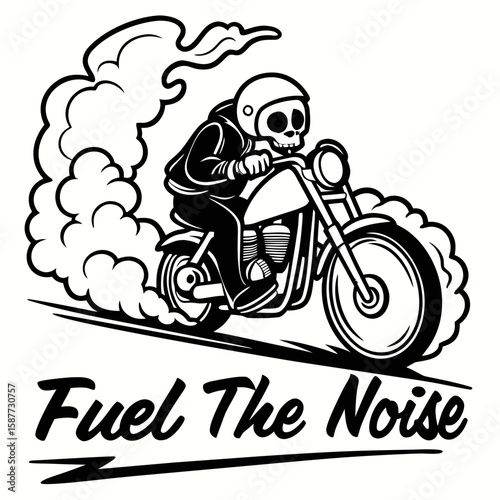 Skeleton Rider: Vintage Motorcycle, Black and White, Edgy Illustration, Speed, Power, Fuel The Noise