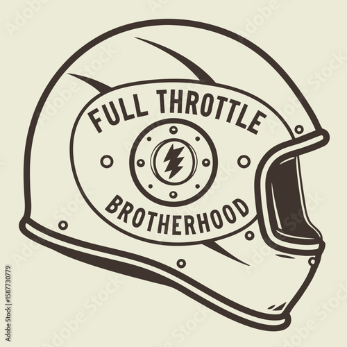 Vintage Motorcycle Helmet Design: Full Throttle Brotherhood, Bold Outline, Retro Style