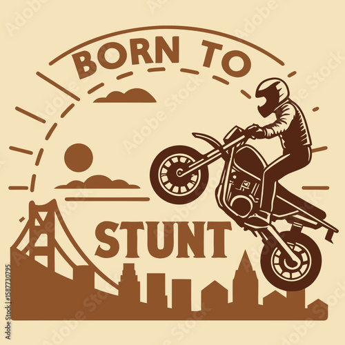 Vintage Motorcycle Stunt Rider:  Golden Gate Bridge Backdrop, Bold Graphic, Retro Style, Action Shot.