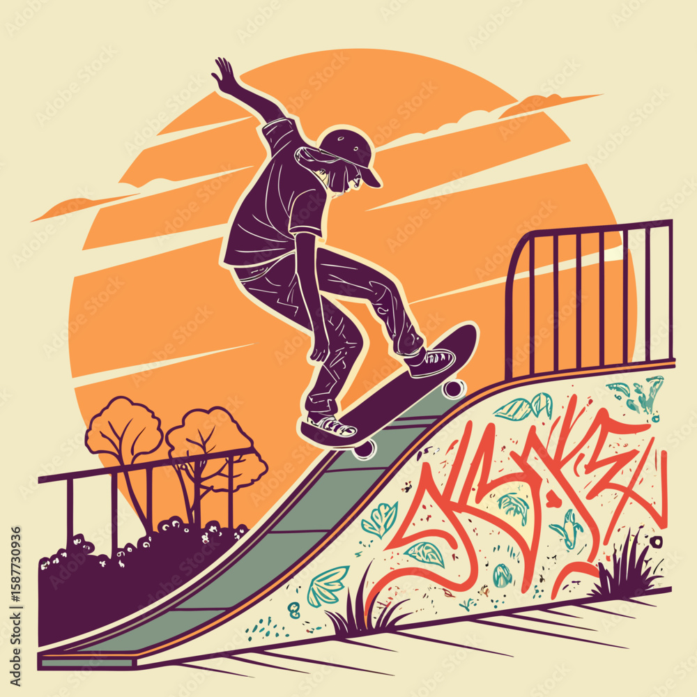 Naklejka premium Retro Style Skateboarder Silhouette: Sunset Ramp Graffiti Art Graphic Design
