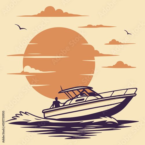 Retro Style Motorboat at Sunset:  Ocean Cruise, Summer Vacation, Calm Waters, Vintage Illustration