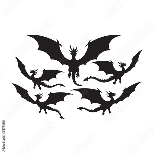 A group of black dragon silhouettes flying in formation against a white background