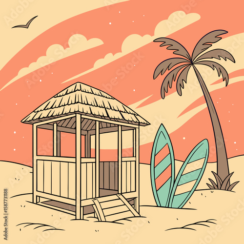 Retro Beach Hut, Palm Tree, Surfboards, Sunset; Calm Summer Vacation Illustration